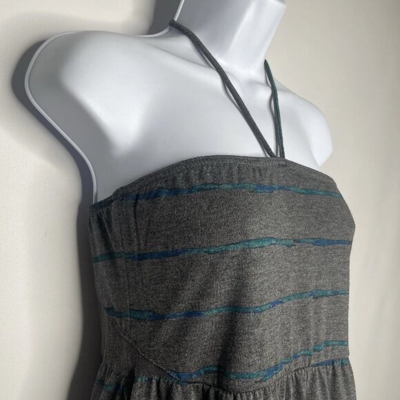 Hurley Halter Dress Sundress Size M Mini Gray Blue Striped Knit Smocked Mesh - Picture 4 of 8